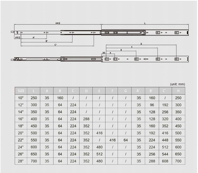Шариковые направляющие, 700x45,5x12,7 мм. Выдвижение на 700 мм, нагрузка до 46 кг