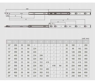 Шариковые направляющие, 700x45.5x12.7 мм. Выдвижение 700 мм, нагрузка до 45 кг
