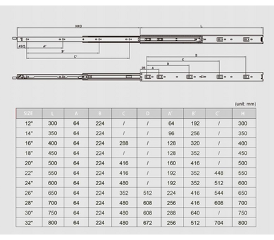 Шариковые направляющие, 600x45.5x12.7 мм. Выдвижение 600 мм, нагрузка до 45 кг